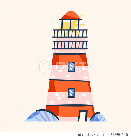 Lighthouse building or coastal sea beacon. Vector tower for nautical or marine navigation. Icon of structure with light ray. Symbol for guidance and ocean travel, night exploration. Architecture. 128996456