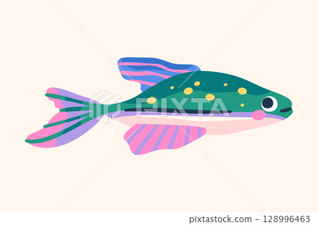 Aquarium or tropical underwater fish icon. Vector clipart of sea or ocean life. Exotic aquatic or nautical wildlife. Marine or water fauna symbol. Striped and vibrant swimming reef creature. Zoology. 128996463