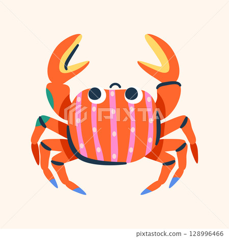 Colorful crab icon. Vector crustacean or beach animal. Vibrant and color underwater life element. Clipart of ocean, sea ecosystem. Tropical aqua edible habitat in shell. Nature and wildlife, biology. 128996466