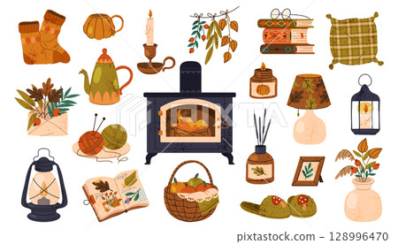 Autumn interior decoration elements. Vector icon for indoor house or home ornament, room furniture. Fall herbarium in vase and warm socks, slippers, candle and book pile, fireplace. Thanksgiving. Autumn interior decoration elements. Vector icon for indoor house or home ornament, room furniture. Fall herbarium in vase and warm socks, slippers, candle and book pile, fireplace. Thanksgiving. 128996470