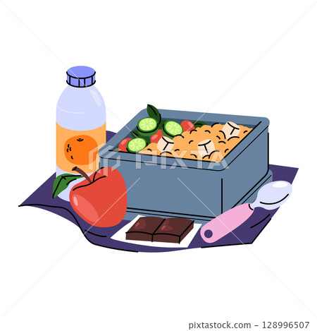 Lunchbox with vegetable salad and juice. Vector organic meal container for breakfast and lunch, dinner. Plastic bento for office or school food takeaway. Home nutrition preparation for vegetarian diet 128996507