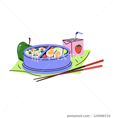 Vector lunchbox with healthy meal. Bento box with apple fruit and boiled eggs, rice. Packed lunch container with nutritious food portion. Homemade takeaway for school or office. Nutrition, diet. Vector lunchbox with healthy meal. Bento box with apple fruit and boiled eggs, rice. Packed lunch container with nutritious food portion. Homemade takeaway for school or office. Nutrition, diet. 128996510