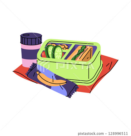Lunchbox with organic food or meal container. Vector cooking takeaway symbol. Kitchen food for office or school break. Open prepared diet for sandwich snack. Organic nutrition for dinner and breakfast Lunchbox with organic food or meal container. Vector cooking takeaway symbol. Kitchen food for office or school break. Open prepared diet for sandwich snack. Organic nutrition for dinner and breakfast 128996511