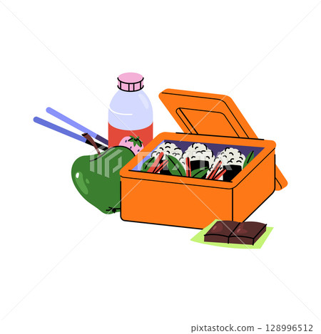Lunchbox with meal or bento with food. Vector eating container with rice and chocolate desert, fruit juice. Kitchen cooking diet for office or school takeaway. Homemade eating portion for lunch. 128996512