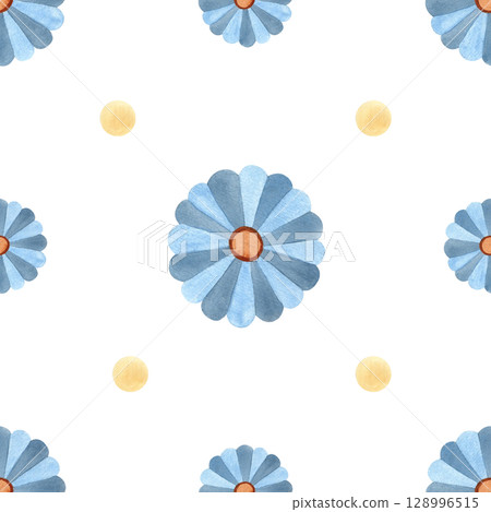 Abstract cute blue flowers seamless pattern. Watercolor ornament with yellow circles isolated illustration from background. Ethnic culture concept, children's style for textile, stationery, packaging Abstract cute blue flowers seamless pattern. Watercolor ornament with yellow circles isolated illustration from background. Ethnic culture concept, children's style for textile, stationery, packaging 128996515