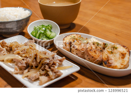Japanese dinner set, roasted yam, stir-fried pork, miso soup and rice Japanese dinner set, roasted yam, stir-fried pork, miso soup and rice 128996521