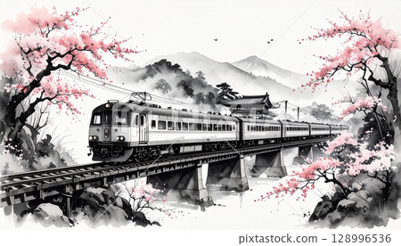 火車和櫻花的水墨畫 128996536
