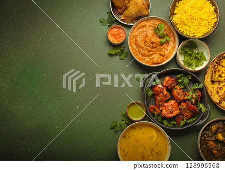 Traditional assorted Indian dishes arranged top view on green background table. Cuisine of India, space for text Traditional assorted Indian dishes arranged top view on green background table. Cuisine of India, space for text 128996568