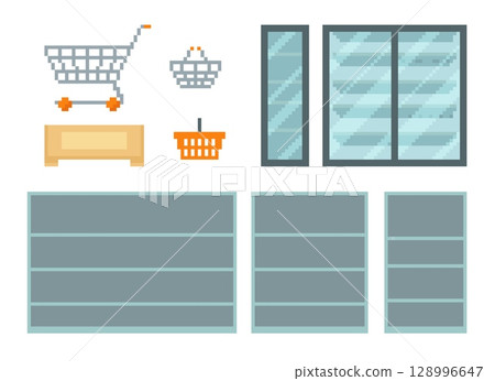 Vector set with empty cart, basket, shelf, fridge, rack, showcases, crate. 128996647