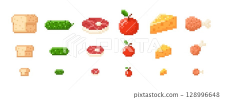 Meat, fruits and vegetables, milk and bakery food pixel art vector icons set, 8 bit video game design different sizes 128996648