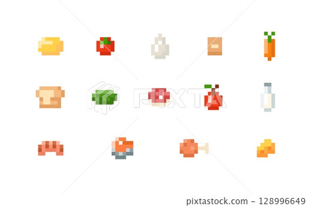 Food pixel set, butter, tomato, egg, carrot, steak, cucumber, bread, sausage, leg, cheese. 128996649