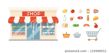 Shop and supermarket building, food products, shopping cart and basket pixel art vector icons set, 8 bit food assortment Shop and supermarket building, food products, shopping cart and basket pixel art vector icons set, 8 bit food assortment 128996652