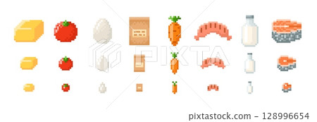 Pixel food icon set in three sizes. Retro style 8-bit game interface. 128996654
