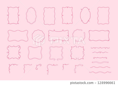 Pink vintage outline frames vector set, wavy ribbon border coquette line art for greeting invitation romantic design 128996661