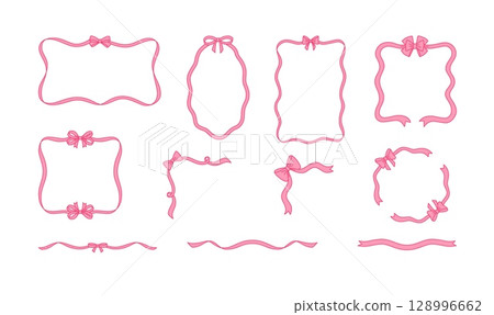 Vector set of decorative frames, corners and ribbons of different shapes, pink color. 128996662