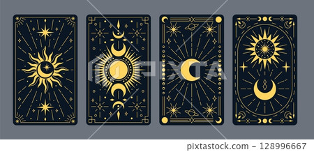 Set of tarot cards with celestial elements: moon, sun, stars, planets on a dark background. 128996667