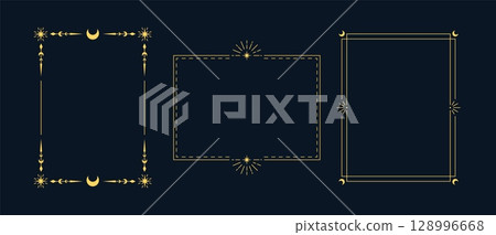 Set of golden linear frames with occult symbols, crescent moon, stars on black background. 128996668