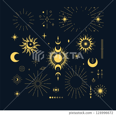 Set of yellow celestial elements on dark background with sun, moon and stars. 128996672