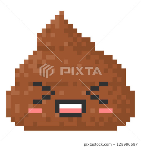 Cute poop shy kawaii emoji emoticon pixel art, vector poo turd heap squinting face with laugh open mouth and closed eyes 128996687