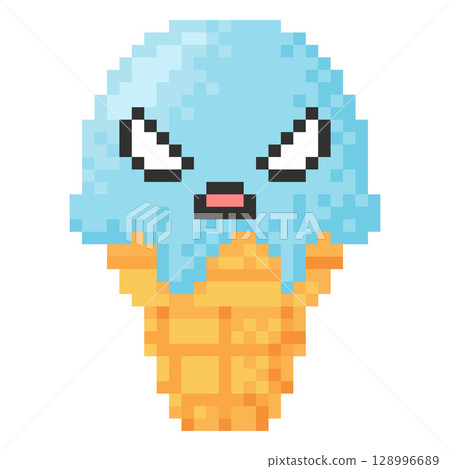 Angry ice cream in wafer cone, evil face kawaii emoji emoticon pixel art icon, vector 8 bit retro grumpy frozen dessert 128996689
