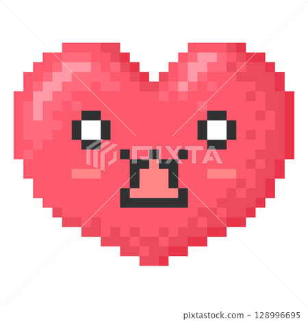 Scared kawaii emoji emoticon heart shape face pixel art, vector 8 bit red surprised expression face with fear big eyes 128996695