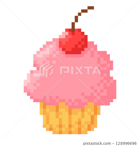 Cupcake with cherry berry pixel art icon, vector biscuit sweet dessert bakery, retro 8bit muffin with pink cream topping Cupcake with cherry berry pixel art icon, vector biscuit sweet dessert bakery, retro 8bit muffin with pink cream topping 128996696