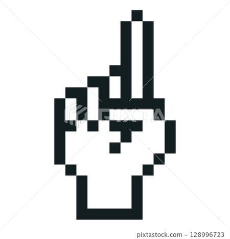 Hand showing index finger, pointing gesture emoji emoticon vector pixel art, black outline 8 bit retro point finger sign 128996723