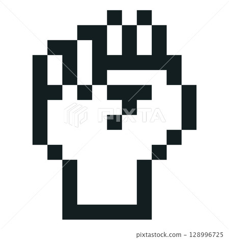 Hand fist gesture vector pixel art, black outline 8 bit retro video game fight or protest symbol, clenched arm 128996725