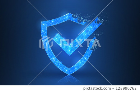 Check mark on shield . Polygonal wireframe mesh art. Security, safe, privacy or other concept illustration or background Check mark on shield . Polygonal wireframe mesh art. Security, safe, privacy or other concept illustration or background 128996762