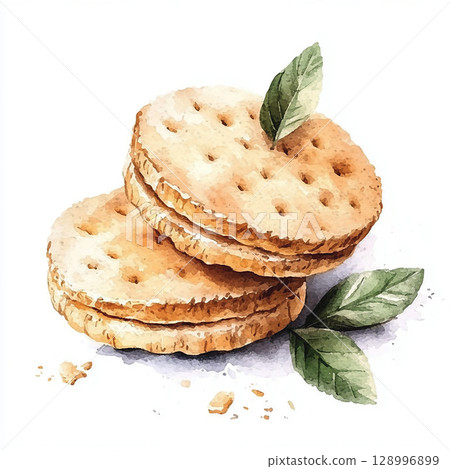 Watercolor cookies with chocolate and cream. Bakery picture for design on white background 128996899