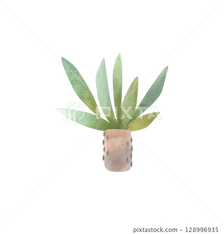 Succulent in a concrete pot. Interior decoration in minimalist Japanese style. Isolated watercolor illustration. Succulent in a concrete pot. Interior decoration in minimalist Japanese style. Isolated watercolor illustration. 128996935