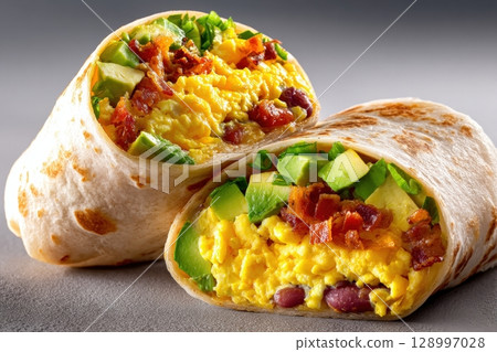 Delicious Breakfast Burrito with Eggs, Beans, Avocado, and Cheese on Gray Background 128997028