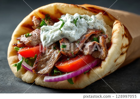 Close-Up of Greek Gyro with Tzatziki, Onions, Tomato, and Grilled Meat 128997055