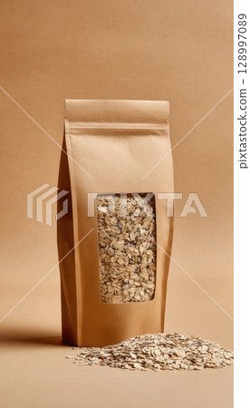 Kraft Paper Pouch with Granola and Transparent Window on Beige Background 128997089