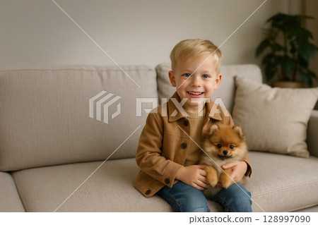 Puppy and boy 128997090