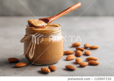 Homemade Almond Butter in Glass Jar with Spoon on Neutral Background 128997150