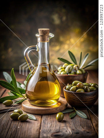 Olive Oil Bottle Next to Bowl of Olives. Generative AI 128997223