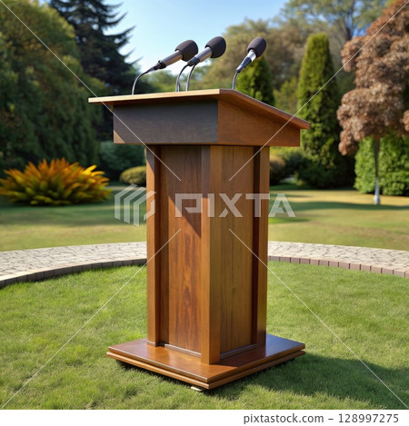 Wooden Podium on Lush Green Field. Generative AI 128997275