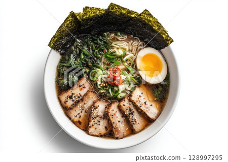 Top-Down View of Ramen Bowl with Egg, Seaweed, and Pork on White Background Top-Down View of Ramen Bowl with Egg, Seaweed, and Pork on White Background 128997295