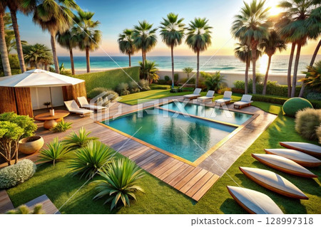 Large Swimming Pool Surrounded by Palm Trees. Generative AI Large Swimming Pool Surrounded by Palm Trees. Generative AI 128997318