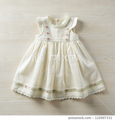 White Dress on Wooden Floor. Generative AI 128997332