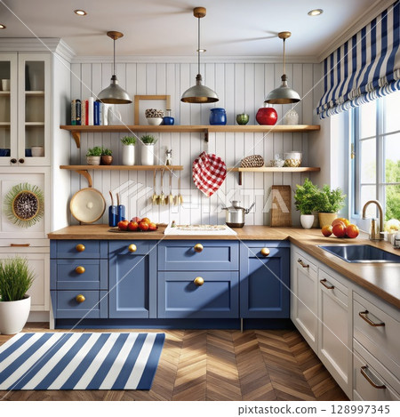Blue Cabinets and Wooden Floors in Kitchen. Generative AI 128997345