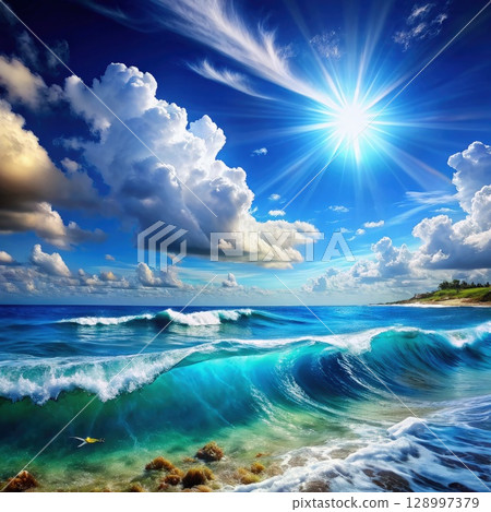 A Painting of a Beach With Waves and Clouds. Generative AI 128997379