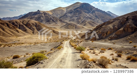 Dirt Road in Desert With Mountains. Generative AI Dirt Road in Desert With Mountains. Generative AI 128997386