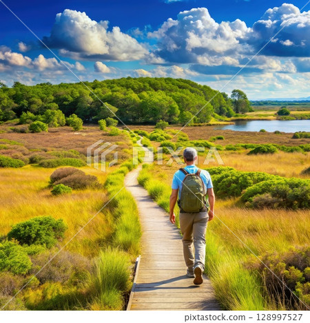 Man Walking Down Path With Backpack. Generative AI 128997527