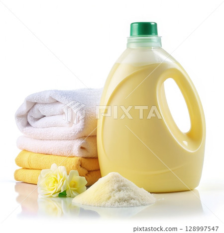 Bottle of Laundry Detergent Next to Pile of Towels. Generative AI 128997547