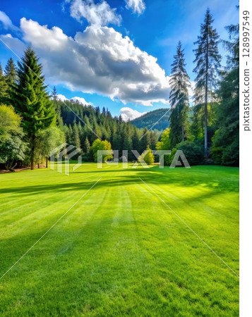 Green Field With Trees in Background. Generative AI 128997549