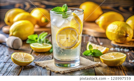 Refreshing Glass of Water With Lemons and Mint. Generative AI 128997559
