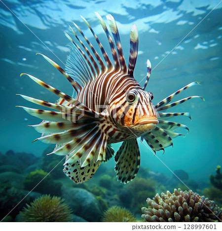 Lionfish Swimming Near Coral Reef. Generative AI 128997601