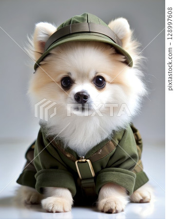 Small Dog in Uniform and Hat. Generative AI 128997608